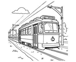 Tram Coloring Page Vehicle Illustration line art vector