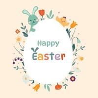 Happy Easter greeting card. Egg-shaped frame with spring flowers, Easter bunny, chicken, colorful eggs. vector