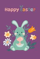 Easter bunny is sitting and holding an Easter egg in his paws on a background of flowers. vector