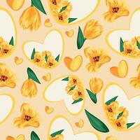 seamless pattern with hearts with floral design namely yellow tulip of different sizes, hearts and tulip petals on a yellow background vector