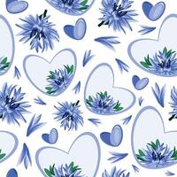 seamless pattern with hearts with floral design namely cornflowers of different sizes, hearts and cornflower petals vector