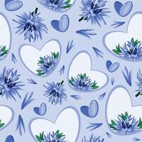 seamless pattern with hearts with floral design namely cornflowers of different sizes, hearts and cornflower petals on a blue background vector