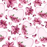 seamless pattern with hearts with floral design namely pink lilies of different sizes, hearts and lily petals vector