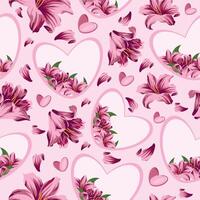 seamless pattern with hearts with floral design namely pink lilies of different sizes, hearts and lily petals on a pink background vector