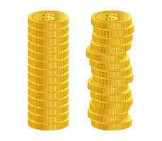 Stack of shiny gold coins with dollar signs embossed on them. Straight stack of coins. Rough stack of coins. Financial success, savings, investment growth, and wealth accumulation vector