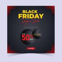 Black Friday sale banner with 50 off message, featuring dark background with modern design elements and circular motifs, ideal for promoting holiday discounts and shopping deals vector