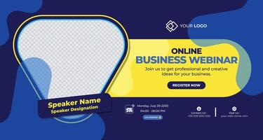 Online business webinar banner with a yellow and blue color scheme and modern design, perfect for digital event promotion and corporate business webinars vector