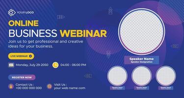 Online business webinar banner with a purple and blue background, featuring placeholder space for event details, suitable for promoting professional digital events and business webinars vector