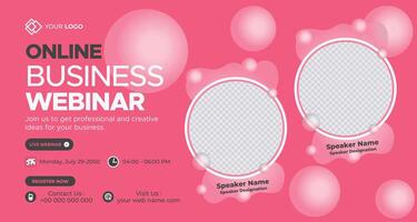 Online business webinar promotional banner with pink color palette, featuring modern design elements and placeholder space for event details and professional information vector