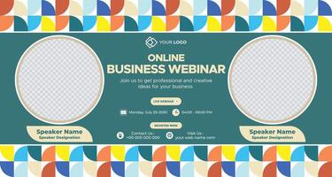 Online business webinar banner with colorful geometric shapes and placeholder text, designed for promoting digital events, workshops, and corporate seminars vector