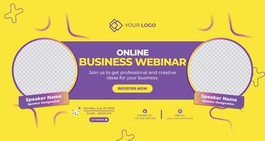 Online business webinar promotional banner with yellow background, geometric shapes, and placeholder text for creating a professional event invitation or announcement vector