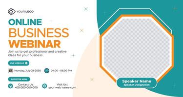 Online business webinar banner with teal and white design, featuring modern geometric shapes and placeholder space for promoting business webinars, courses, and digital events vector