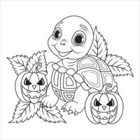 Happy Turtle with Spooky Jack-o'-Lanterns Line Art Illustration vector