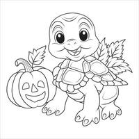 Smiling Turtle with Pumpkin and Leaves Line Art Illustration vector