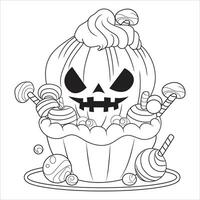 Spooky Jack-o'-Lantern Cupcake with Candy Outline for Coloring vector