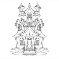 Spooky Haunted Mansion Line Art Illustration Coloring Page vector