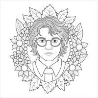 Portrait of a Person with Glasses Surrounded by Floral Wreath Outline for Coloring vector