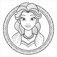 Elegant Princess Portrait in Decorative Frame Outline for Coloring vector