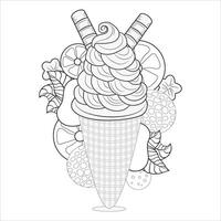 Swirled Ice Cream Cone with Wafers and Fruits Outline for Coloring vector