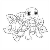 Smiling Turtle with Pumpkin Line Art Illustration for Coloring Page vector