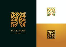 Elegant Tree Logo incSquare Shape. Green and Gold Stylized Design with Text, Adaptive emblem vector