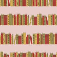 Background with decorative books arranged on shelves with unique designs. Seamless pattern with retro colors standing books, books spines. Old library. Hand drawn flat design illustration. vector