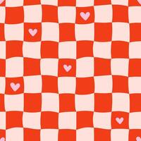 Abstract Y2K seamless pattern. Psychedelic wavy checkered board background with hearts. Minimalistic retro style print. vector