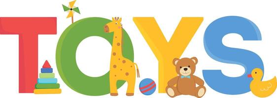Logo for toy store. Label with colorful letters and toys. Logo template. Toy store emblem design. Logotype for kids store. vector