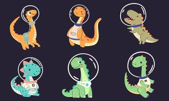 Set of flat illustrations in children's simple style. Cute dinosaurs in spacesuits flying in space vector