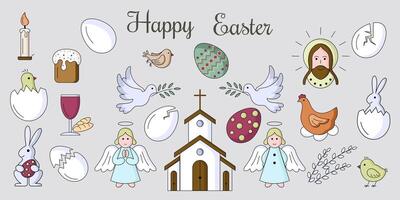 Set of Easter elements in flat style with black outline vector