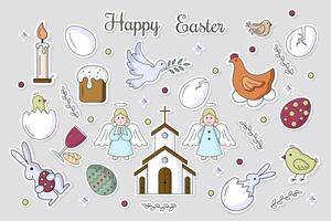 Set of Easter stickers in flat style with black outline vector