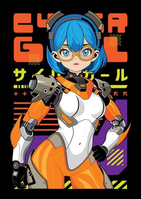 Anime girl poster in manga style. Tokyo Japan anime girl with concept of virtual reality,ai,retro,futurism,futuristic,cyberpunk. Japanese y2k illustration. Kanji translation is Cyber Girl