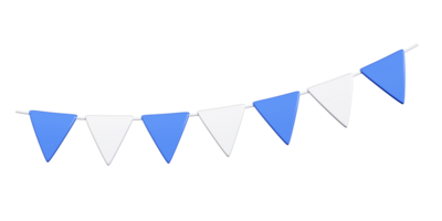 Triangular party bunting with alternating blue and white flags in 3d render. png