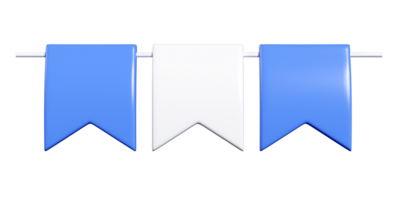 Party bunting of rectangular flags with notched bottom edges in blue and white 3d render. png