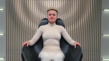 Positive happy woman Caucasian businesswoman girl futuristic space gamer sci-fi female virtual reality looking at camera smiling thumb up finger raising good recommend cyber gaming modern technology video