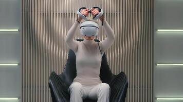 Metaverse virtual augmented reality game playing woman girl female gamer control with VR goggles neon futuristic space explore 3d world play cyber gaming simulation helmet vision innovative technology video
