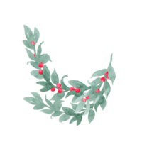 Watercolor illustration unpretentious twig of green leaves like laurel with berries, ribbon and bow Branch with berries. Sprout with leaves and berries. Greenery and berries. Hand drawn leaves png