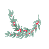 Watercolor hand painted unpretentious twig of green leaves like laurel with berries, ribbon and bow Branch with berries. Sprout with leaves and berries. Greenery and berries. Hand drawn leaves png