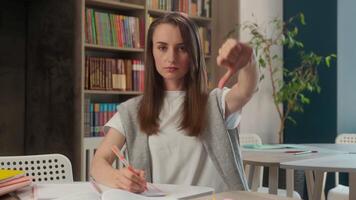 Upset dissatisfied Caucasian woman teacher student showing thumb down refusal dislike school female educator disapproval learning negative gesture reject bad university no girl study library college video