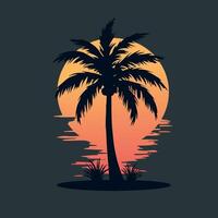 a palm tree is in the middle of the sunset. vector