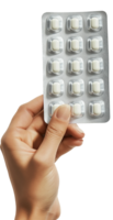 hand holding a pack of pills on a transparent background png