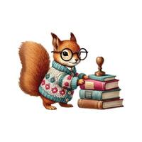 Watercolor Cute Squirrel as Librarian With Stack of Books vector