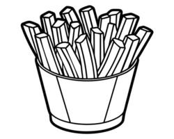 A simple black and white illustration of french fries in a paper container. vector