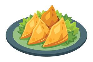 Appetizing triangular samosas on a plate, perfect for food illustrations. vector
