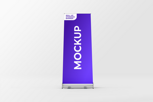 STANDING ROLL UP BANNER FRONT LOW ANGLE VIEW MOCKUP psd