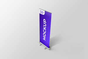 TILTED LEFT STANDING ROLL UP BANNER TOP VIEW MOCKUP psd
