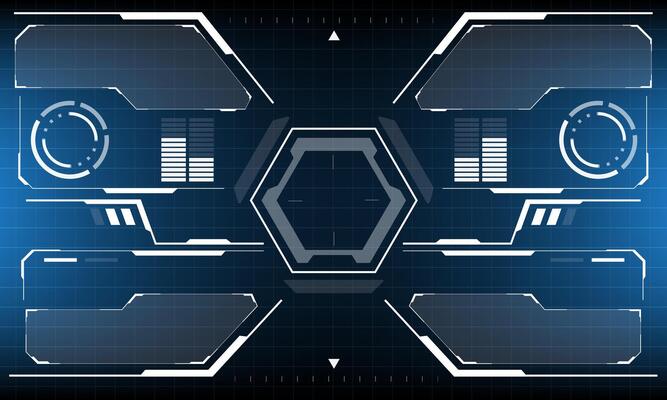 HUD sci-fi interface screen view white circular geometric virtual futuristic technology creative display on blue
