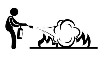 Man uses fire extinguisher, heroically approaching flame and trying to put out source of danger with foam. stickman black illustration. vector
