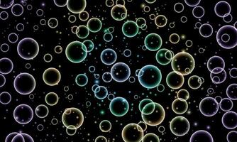 bright colorful soap circle bubbles. soft shiny bubbles black background. vector