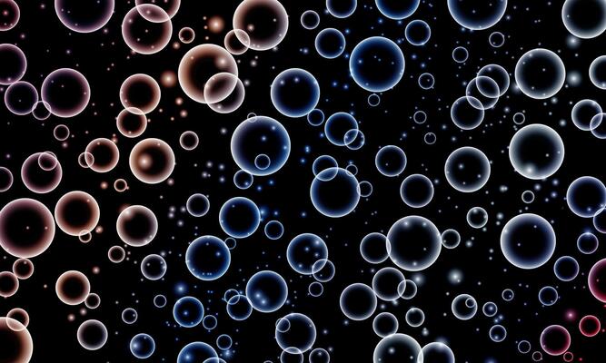 bright colorful soap bubbles. soft light circles on black background.